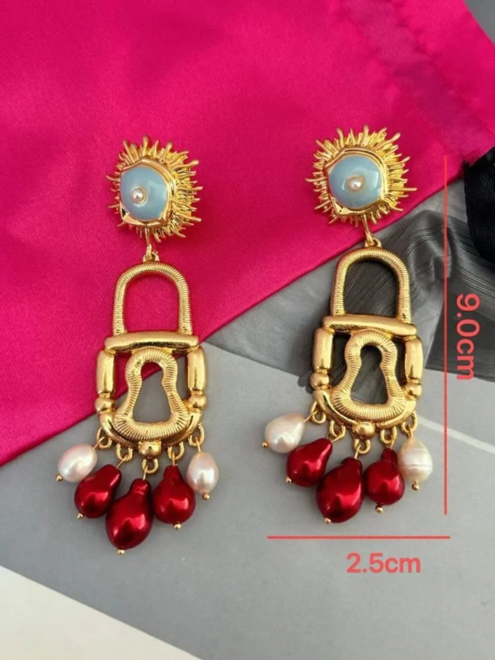 Gold-Tone Red Pearl Drop Lock Earrings
